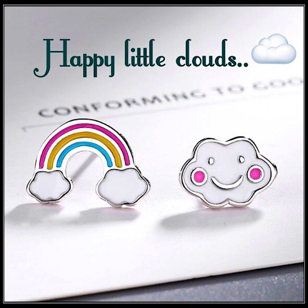 New 925 sterling happy clouds & rainbow silver charm novelty earrings